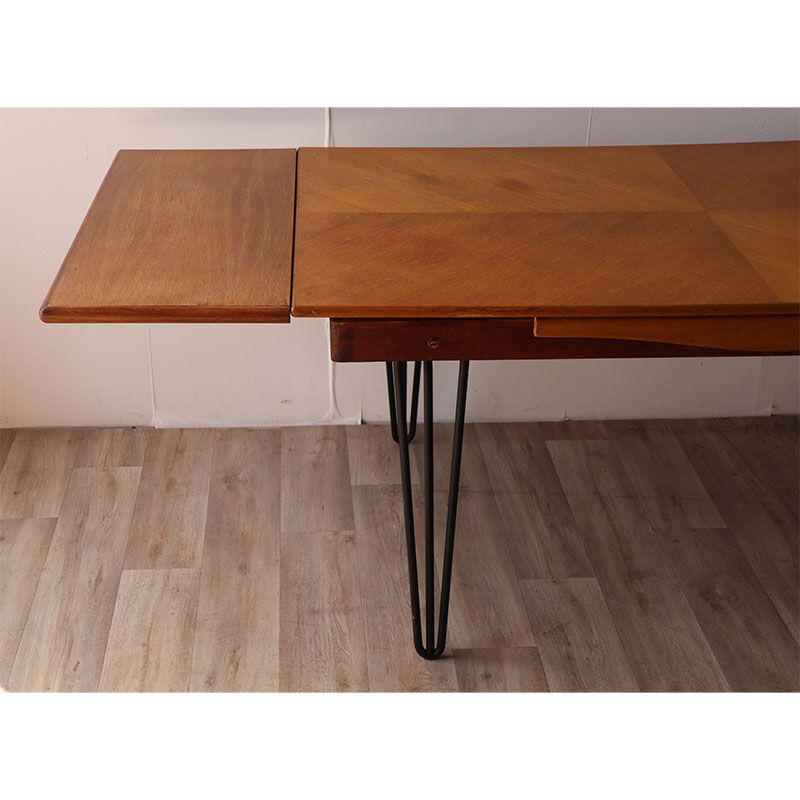 Vintage extendable dining table in wood and metal base, 1950