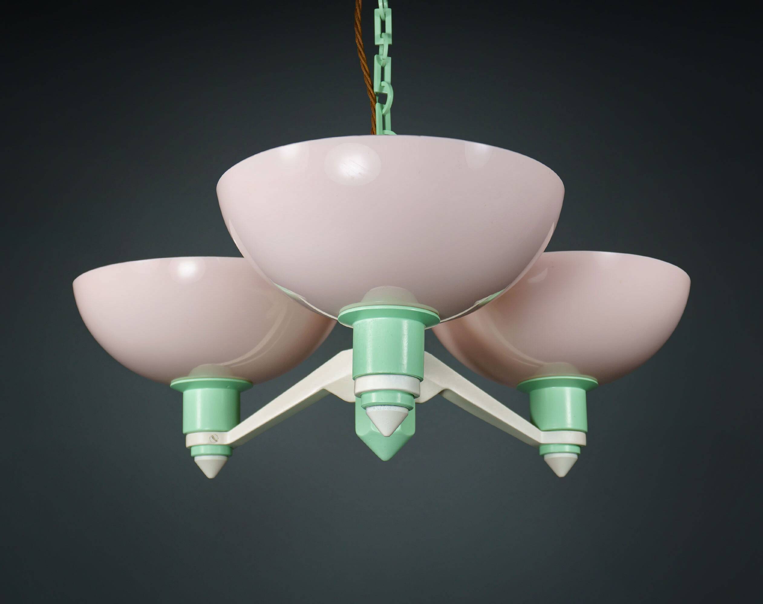 Scarce British Art Deco Pink-Green Aluminium Chandelier & Pink UF Shades