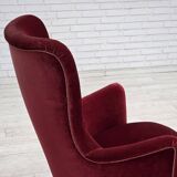 1970s, Danish armchair, cherry-red furniture velour, ash wood legs.