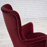 1970s, Danish armchair, cherry-red furniture velour, ash wood legs.