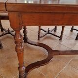 Marquetry wooden dining table with its 6 chairs.