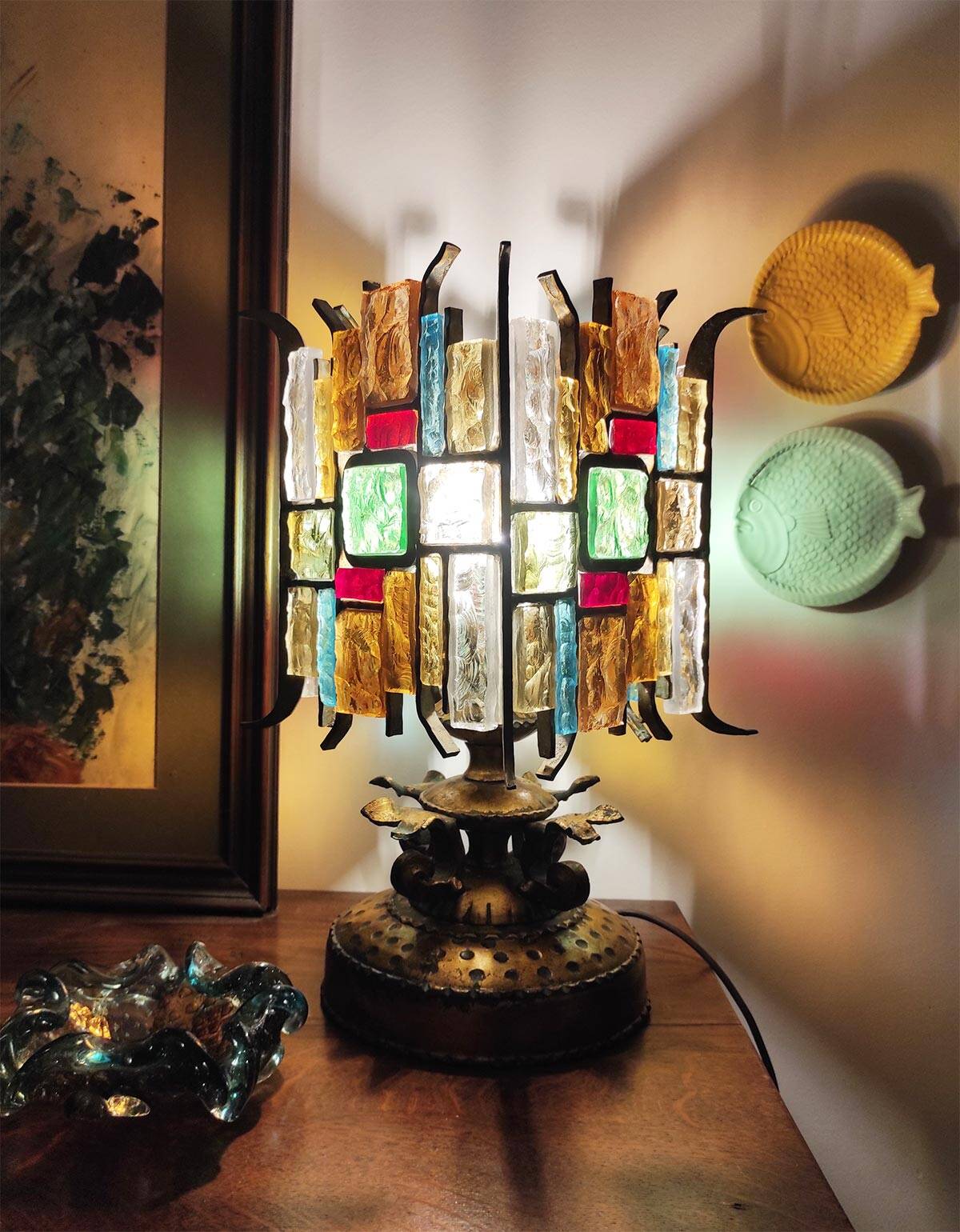 Lampe de table italienne fer forgé et verre de Murano par Longobard, 1908s