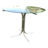 Round Bauhaus table in transparent glass and chrome - grey silver tubular base.