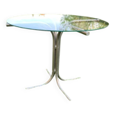 Table ronde Bauhaus en verre transparent et chrome - piétement tubulaire argenté gris