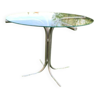 Round Bauhaus table in transparent glass and chrome - grey silver tubular base.