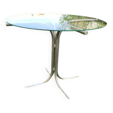 Table ronde Bauhaus en verre transparent et chrome - piétement tubulaire argenté gris