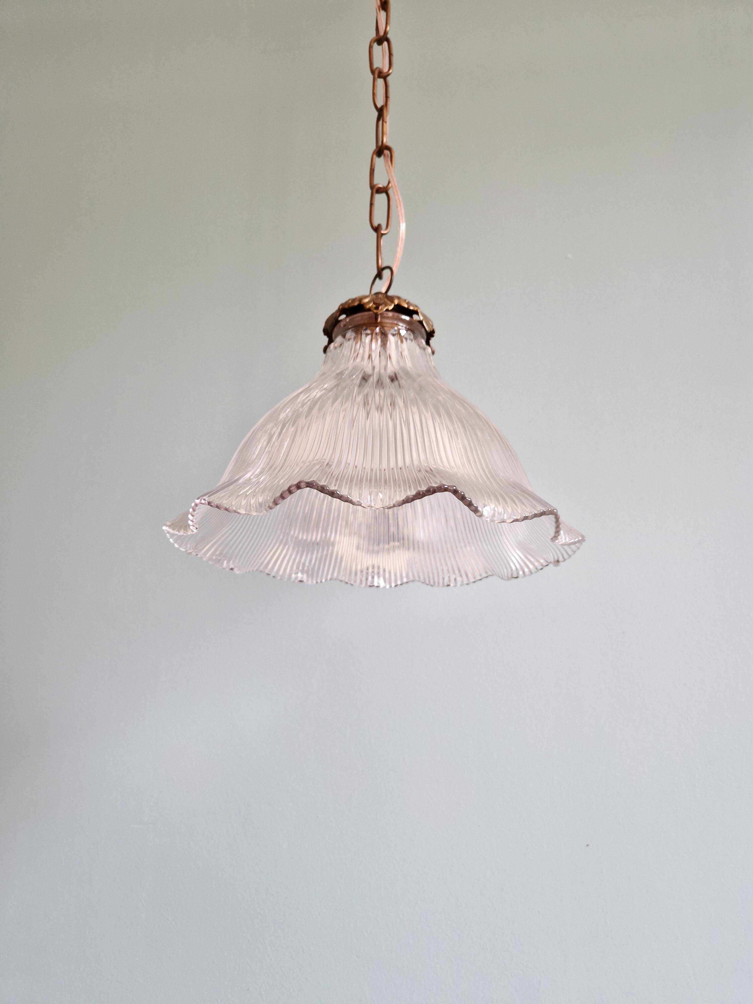 Suspension Holophane in ribbed transparent glass, 1930s