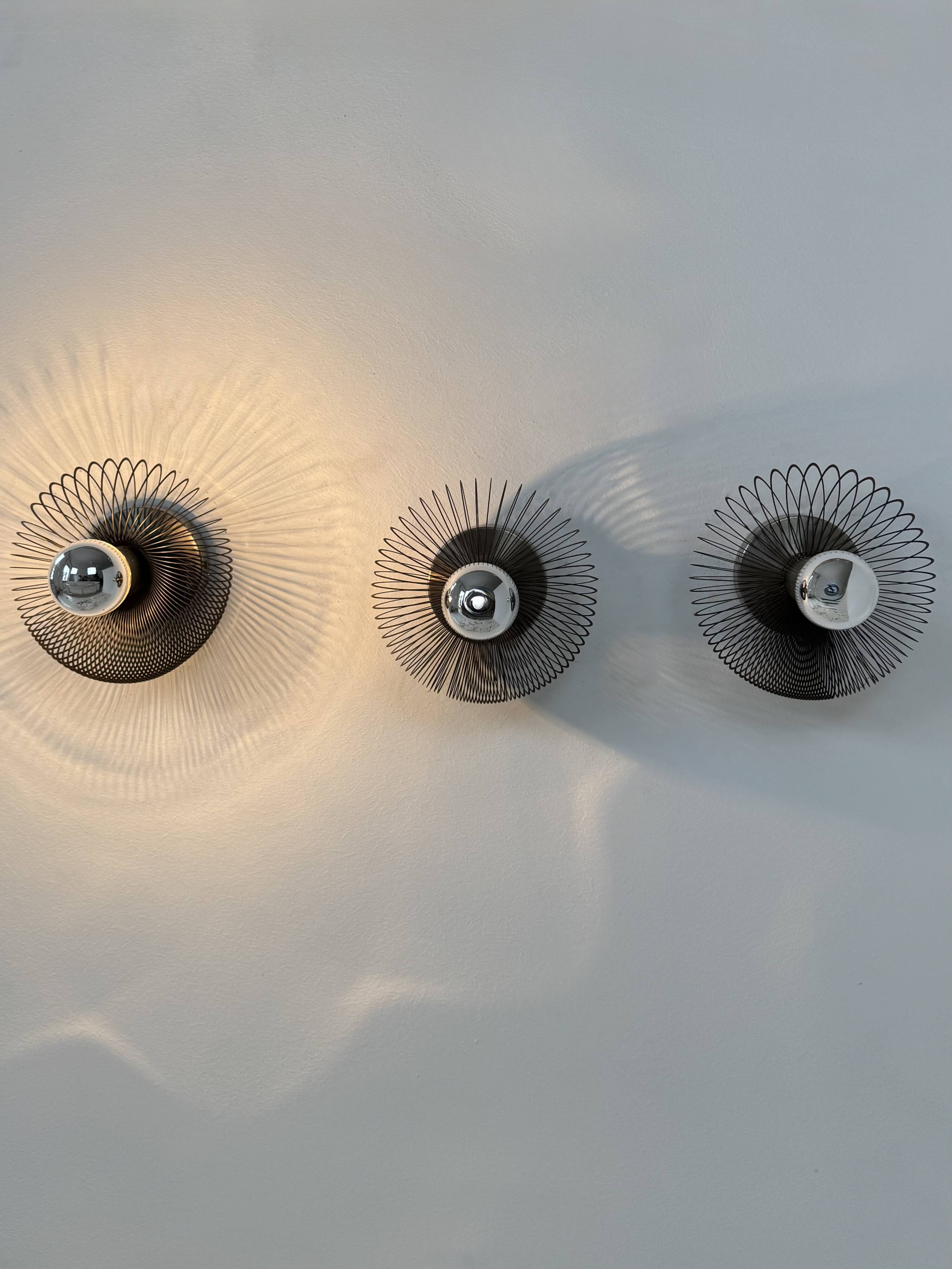 Set of 3 vintage wall lights, metal, France, 1970.