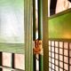 3-leaf screen in green wood, ecru paper and mirror