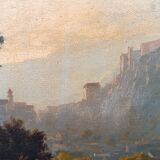 Grande peinture à l'huile sur toile d'une vue de Salzbourg du 19ème siècle