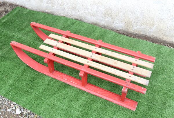 Luge vintage biplace traîneau bois de chêne 1930's 106 cm