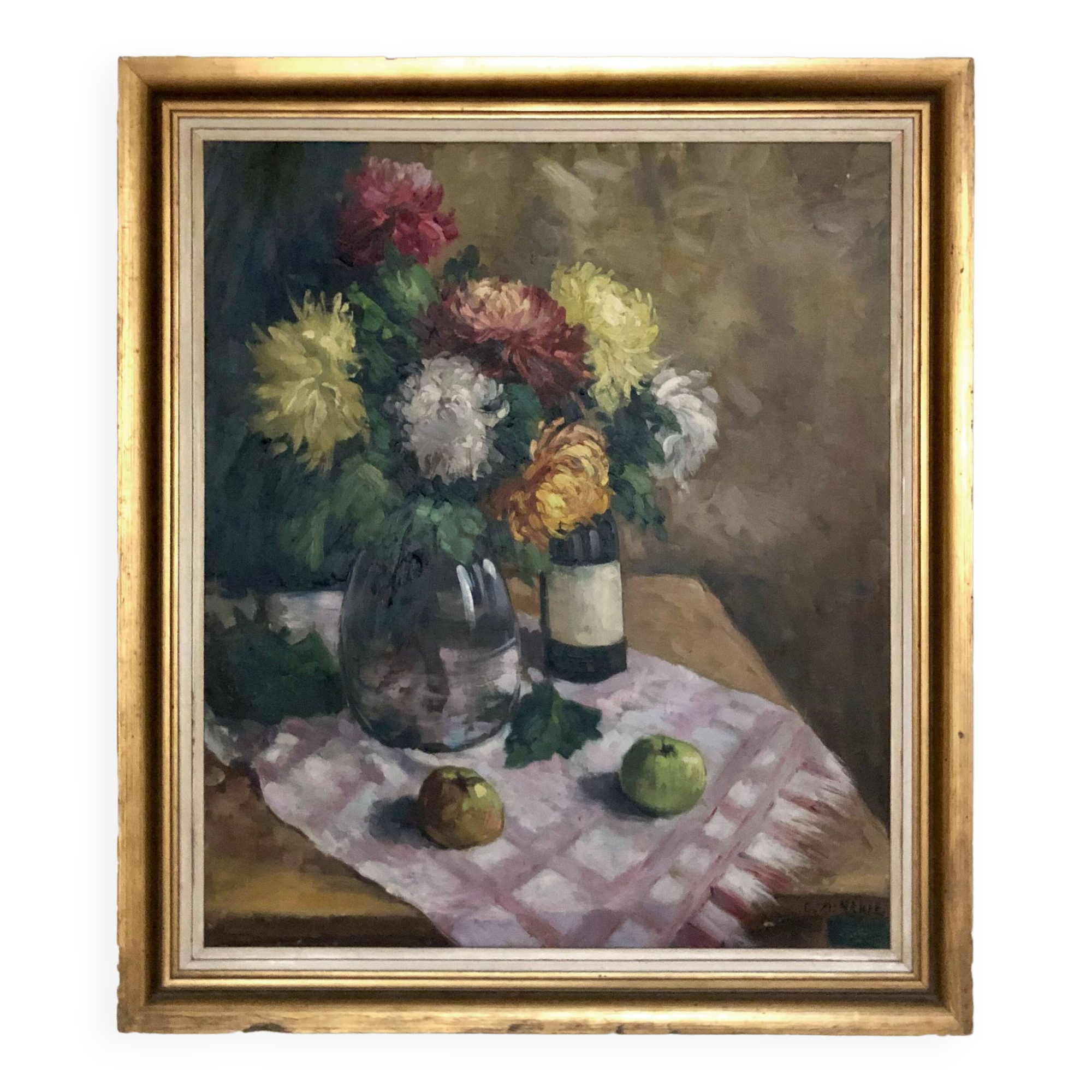 Large still life painting oil on canvas HST flowers wine