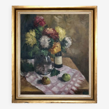 Grand tableau nature morte huile sur toile HST fleurs vin