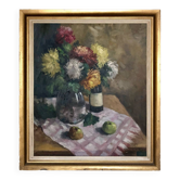 Grand tableau nature morte huile sur toile HST fleurs vin