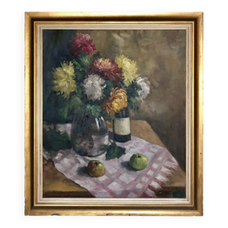Large still life painting oil on canvas HST flowers wine