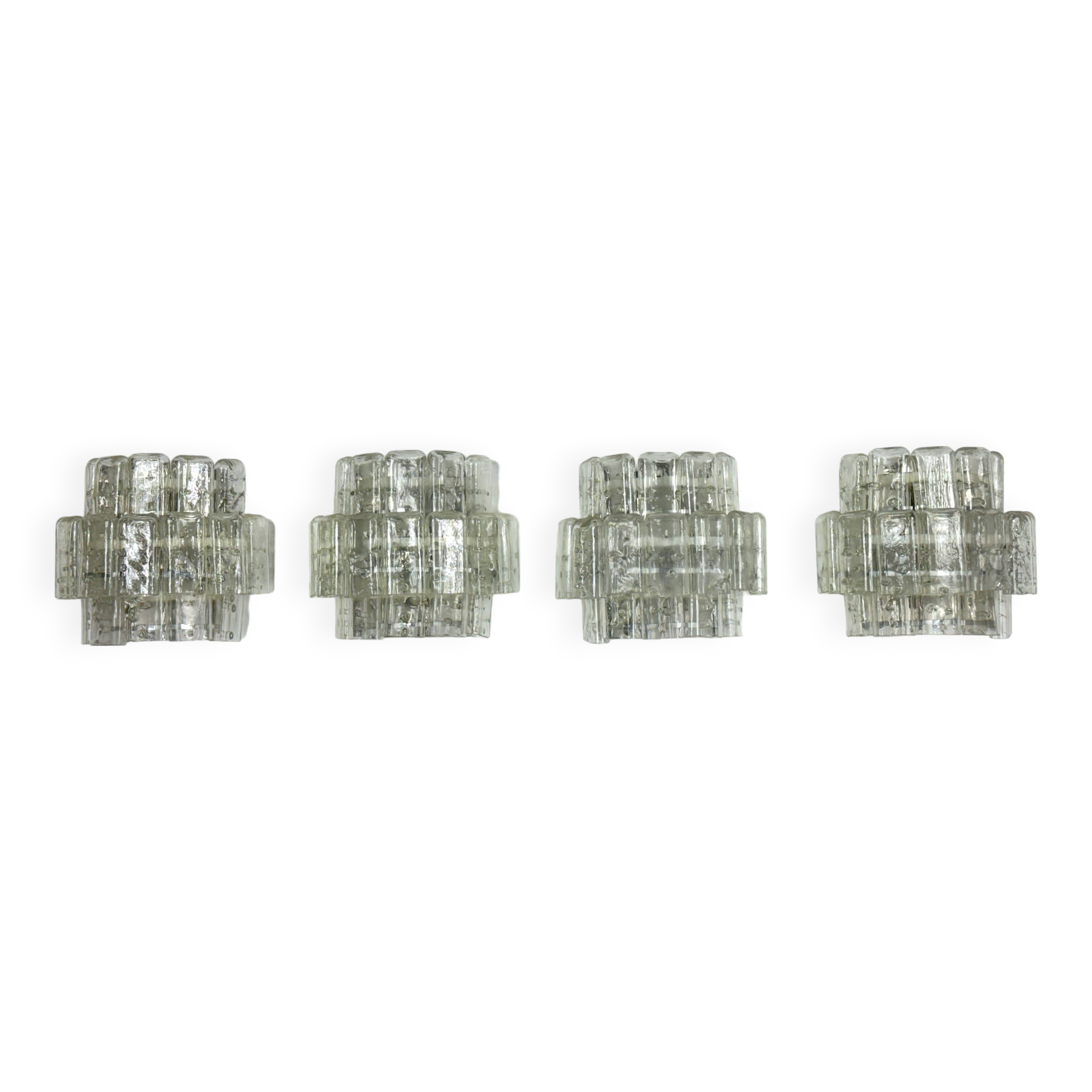 Vistosi manner, set of four large clear murano glass elements sconces. Italy 1970s
