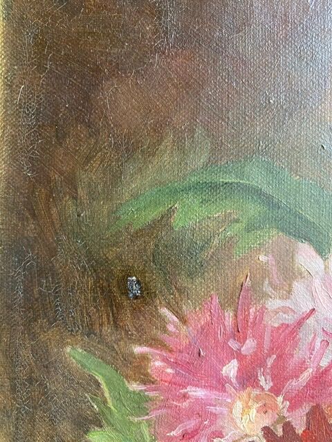 Ancient painting, dead nature with dahlias, signed, dated, late 19th century
