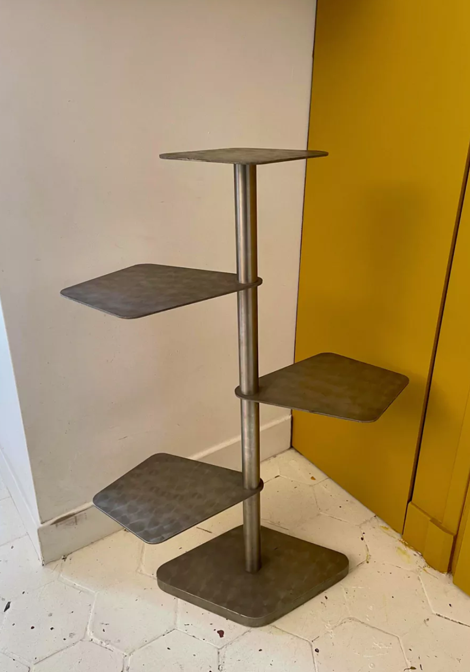 Modernist vintage side table, brushed chrome metal, France 1970