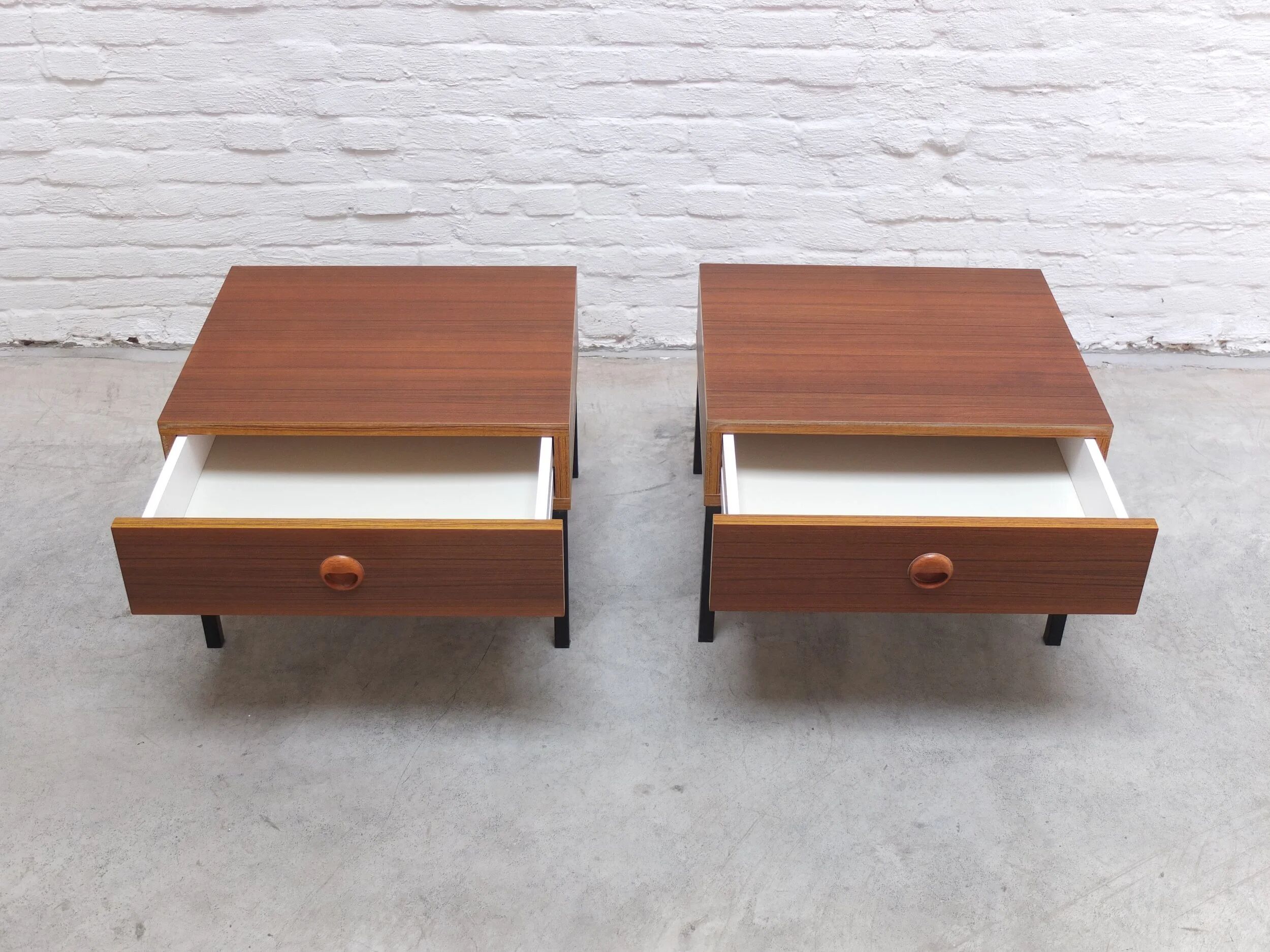 Modernist pair of bedside tables with drawers, 1960s