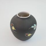 Small black ceramic vase with abstract fish and wave pattern