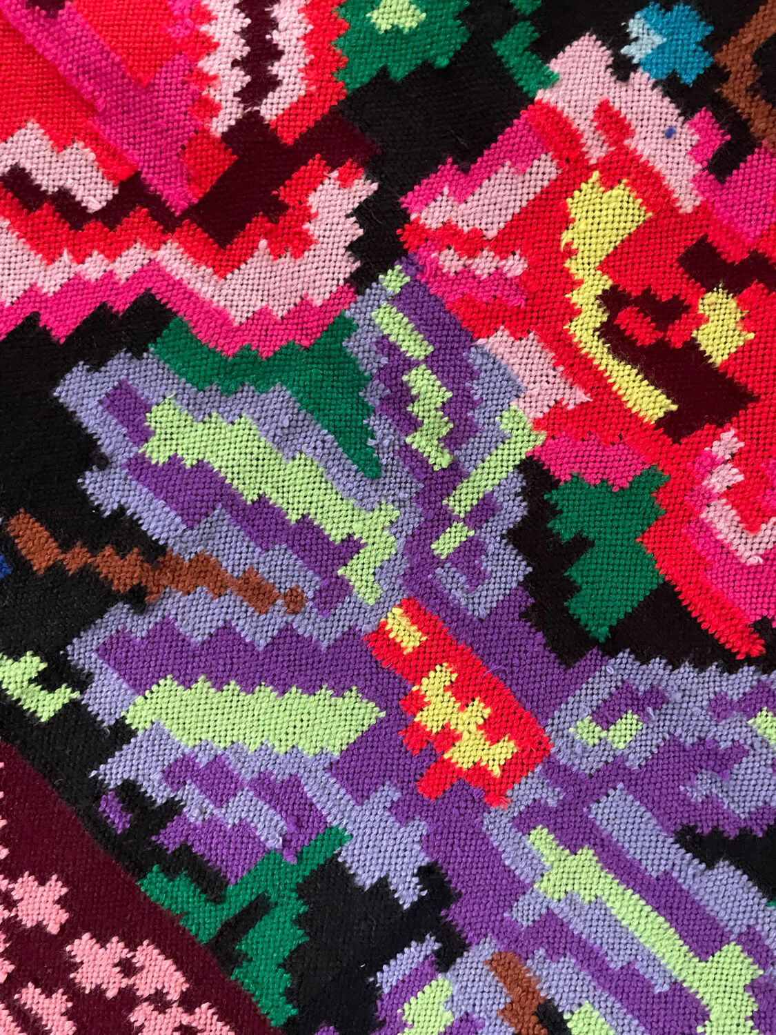 Vintage Romanian handwoven carpet with floral colorful design