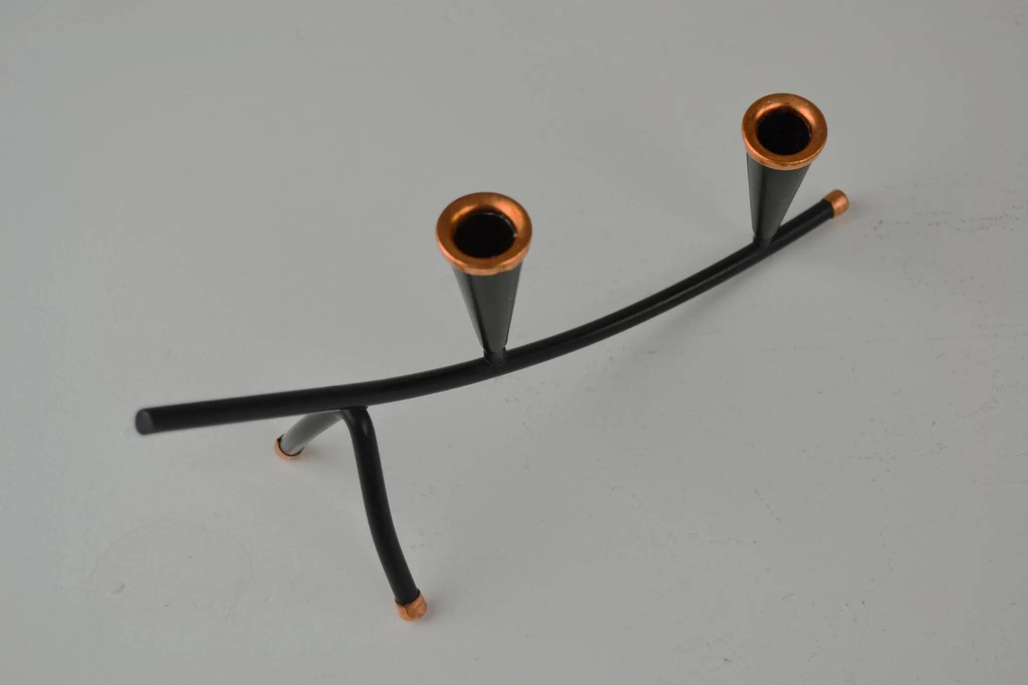 Black Painted Metal Candle Holder with Copper Detailing – Gunnar Ander for Ystad-Metall, Sweden, 1950s