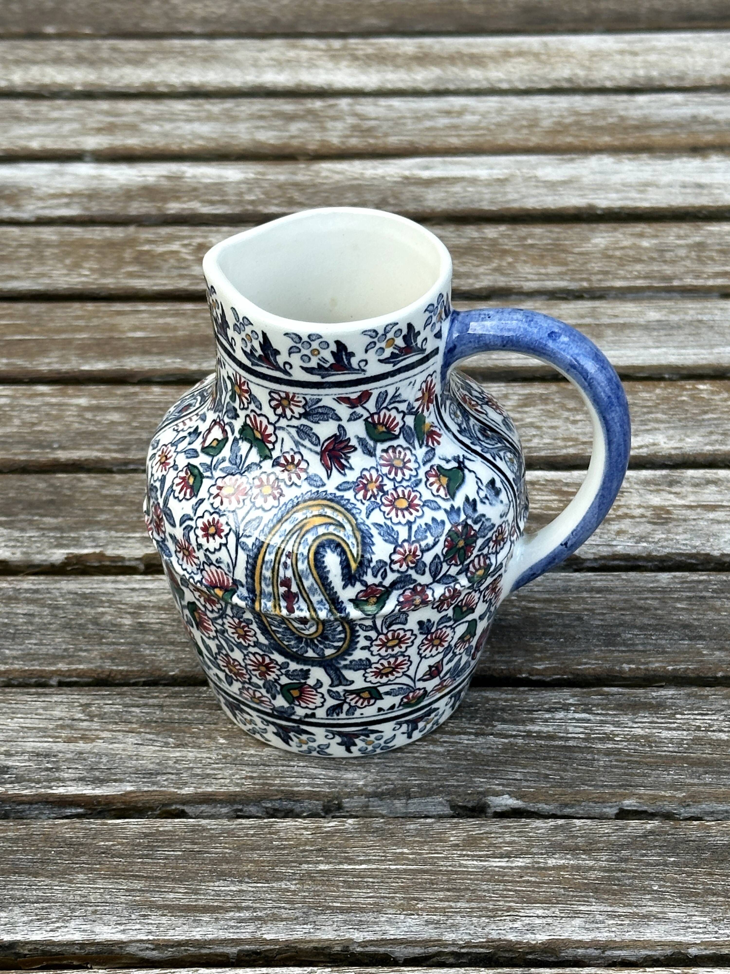 Antique pitcher / milk jug / vase in Gien earthenware with a Kashmir pattern.
