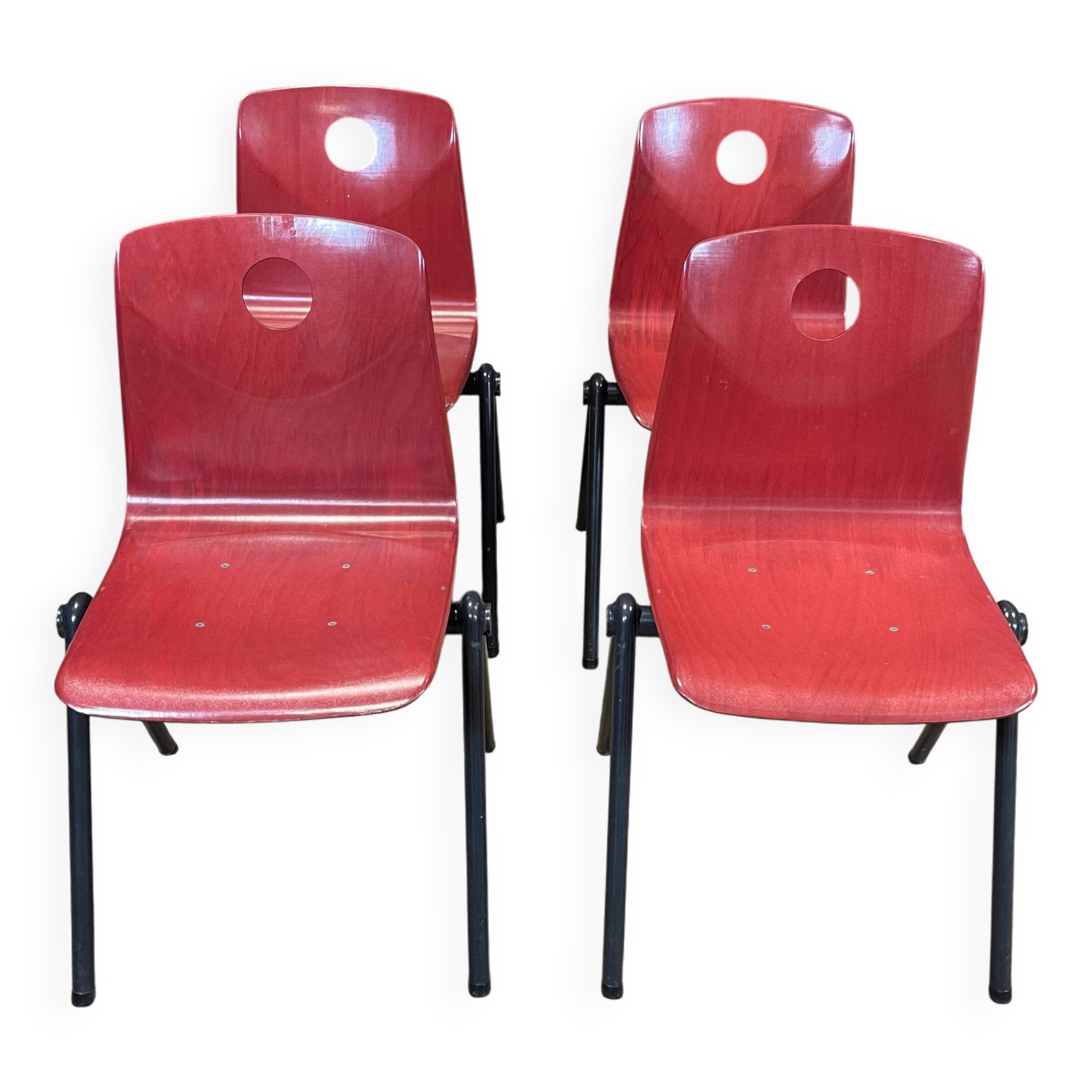 Set of 4 Galvanitas S30 raspberry red / gray steel chairs from the 70s