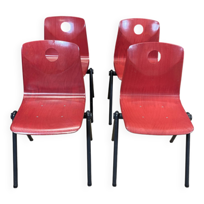 Ensemble de 4 chaises Galvanitas S30 rouge framboise / acier gris années 70