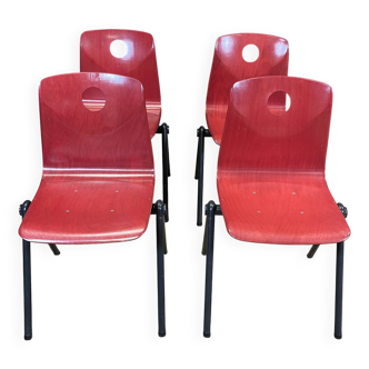 Ensemble de 4 chaises Galvanitas S30 rouge framboise / acier gris années 70
