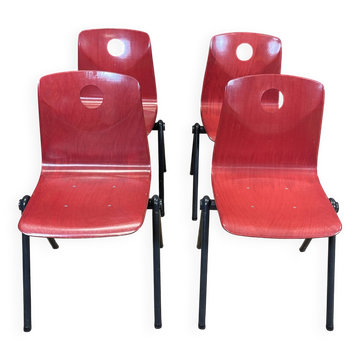 Set of 4 Galvanitas S30 raspberry red / gray steel chairs from the 70s