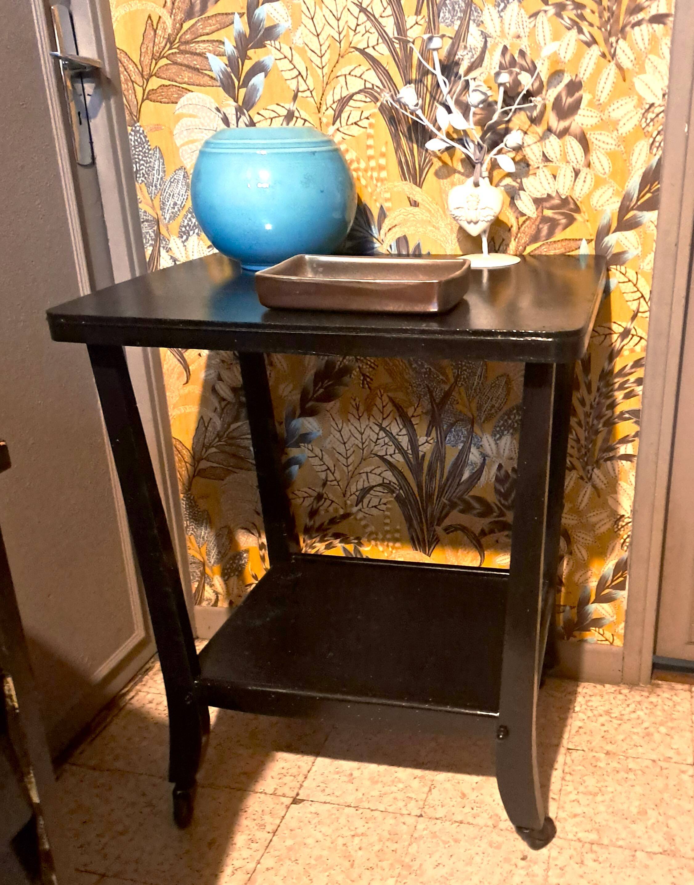 Art Deco style side table, console table on wheels, black varnished wood, 1940