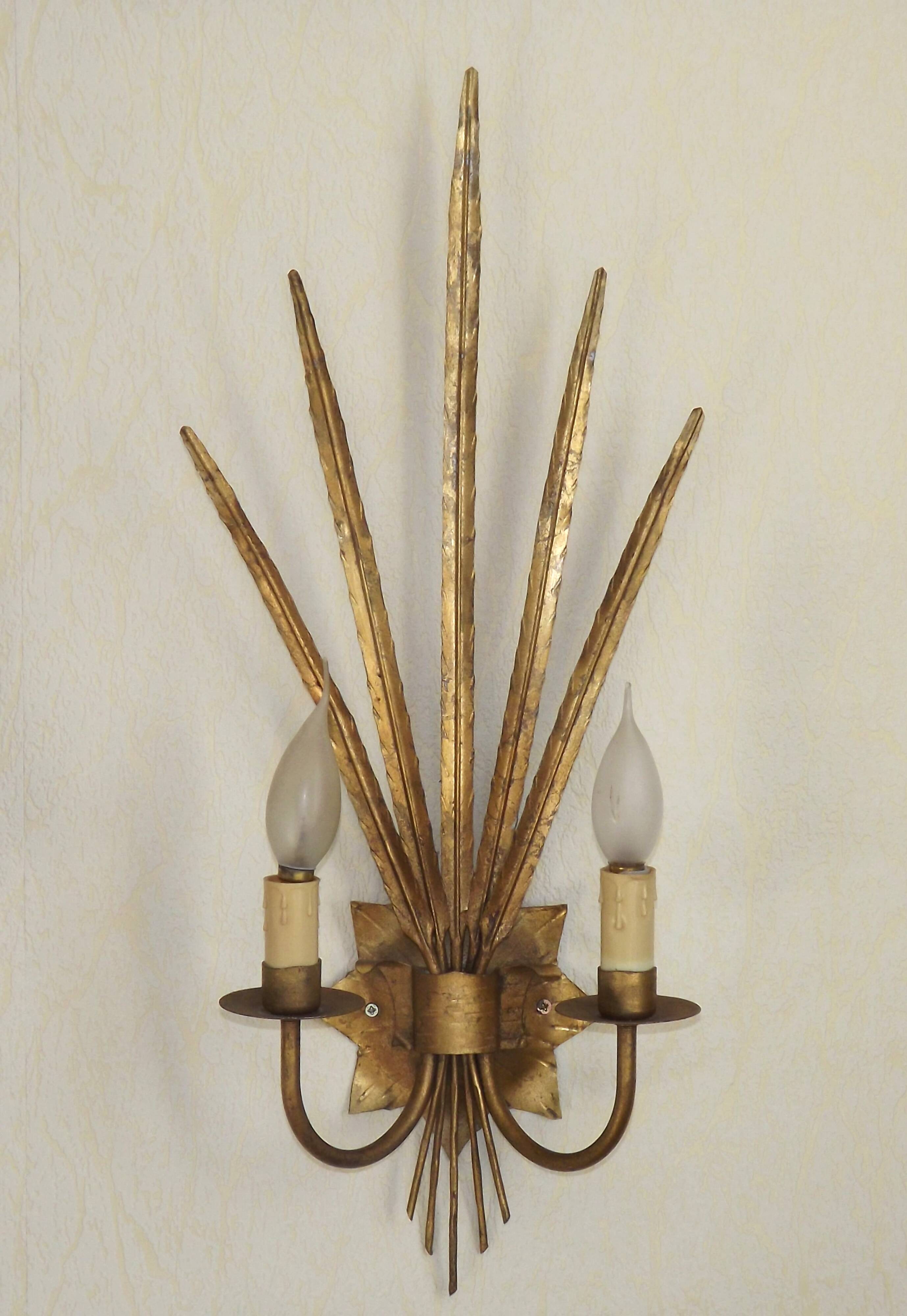 Matching Pair Large 'Ferro Art' Spain, 1950s Reed Leaf Double Wall Lights 5