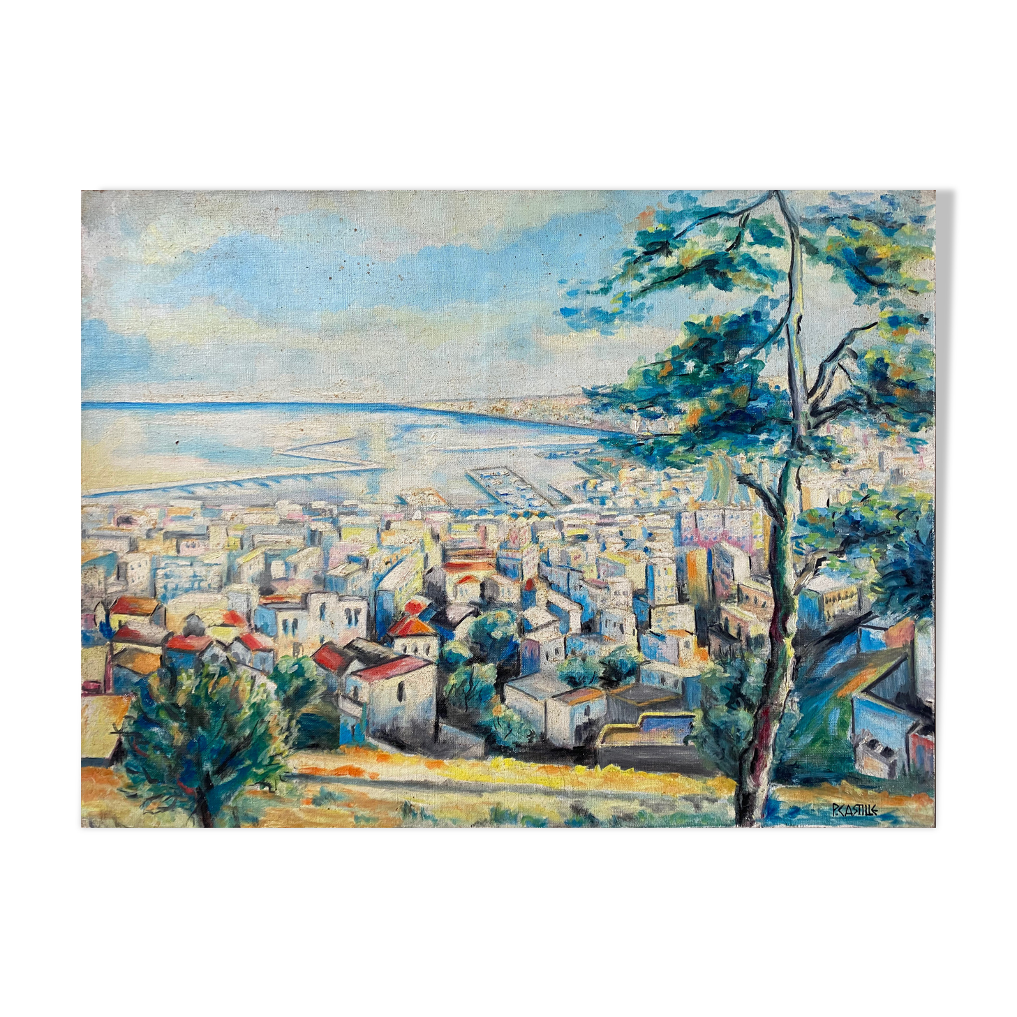 Marine painting "Mediterranean Port" post cubist signed P. Castille Orientaliste
