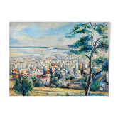 Marine painting "Mediterranean Port" post cubist signed P. Castille Orientaliste
