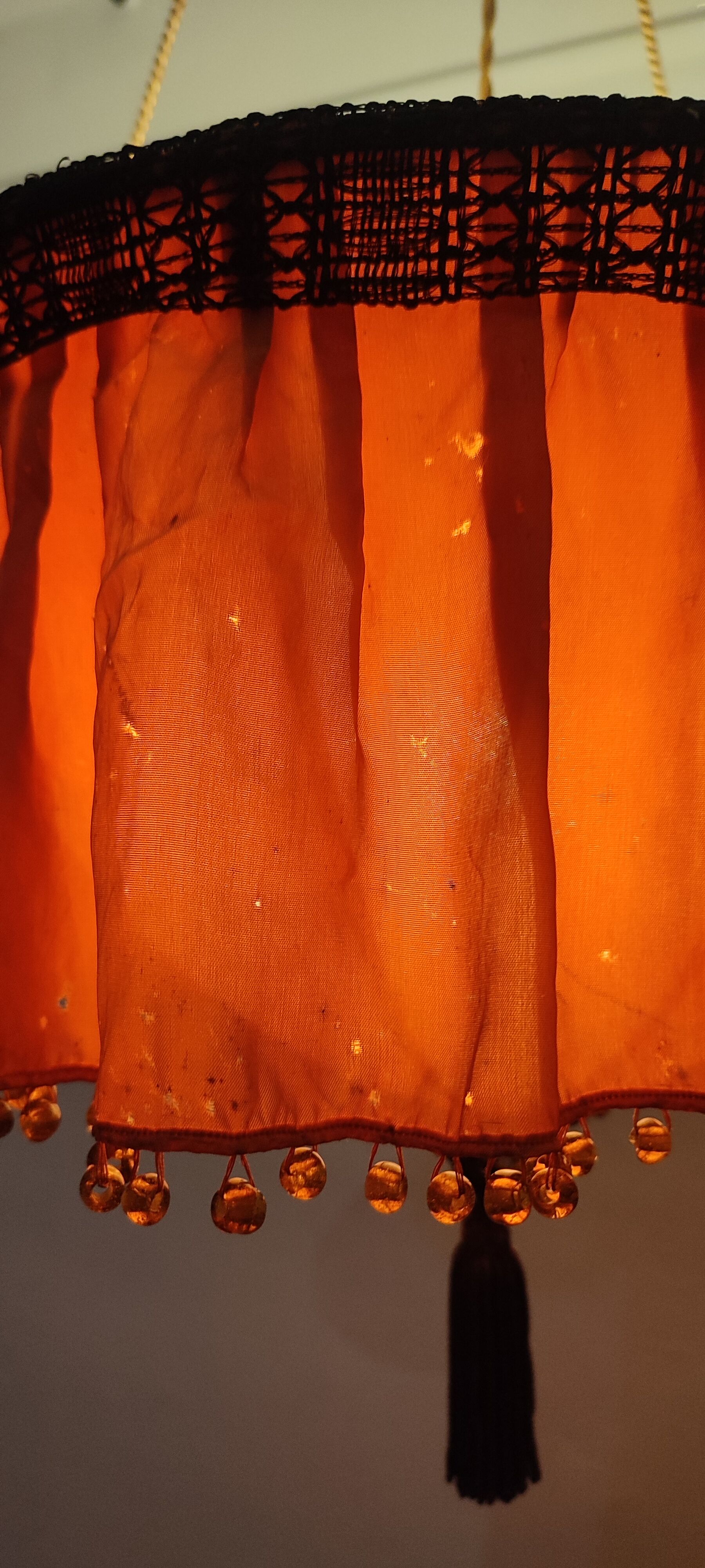 Ceiling lamp made of satin fabric and crystals, Spain, 1940