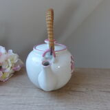 Korean teapot in white ceramic pattern pink flowers handle vintage wood