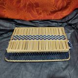 Beige and blue woven wicker tray - ceramic handle
