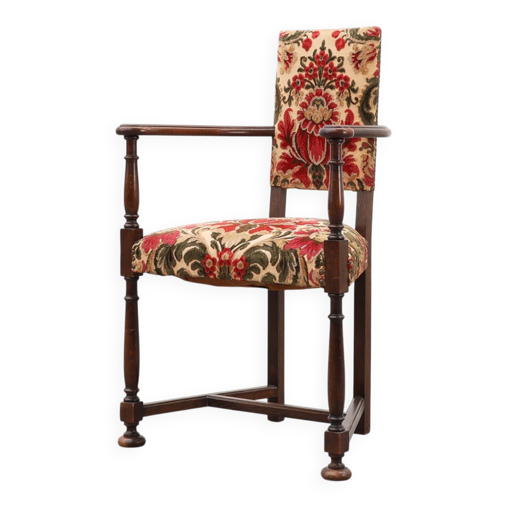 Antique oak Louis XIII style chair with floral upholstery, France ca. 1890