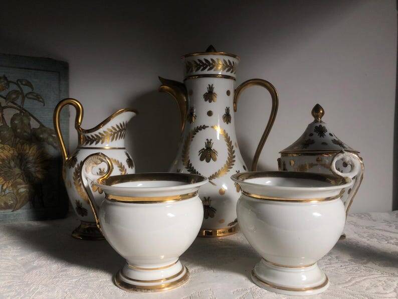 Vintage Limoges Porcelain Chocolate Set: Empire Style, Hand-Painted Bees