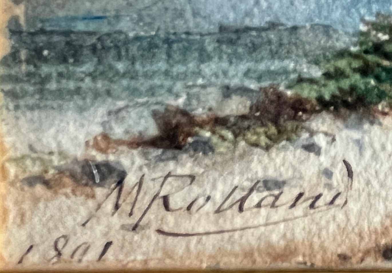 Watercolour painting by M. Romany (?) 1891, tree-lined and lively farmyard.