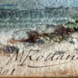 Watercolour painting by M. Romany (?) 1891, tree-lined and lively farmyard.