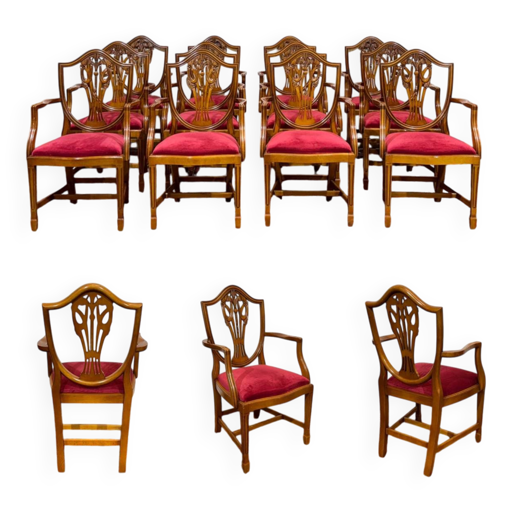 Set of 12 English Regency style beech armchairs from the 1970s.