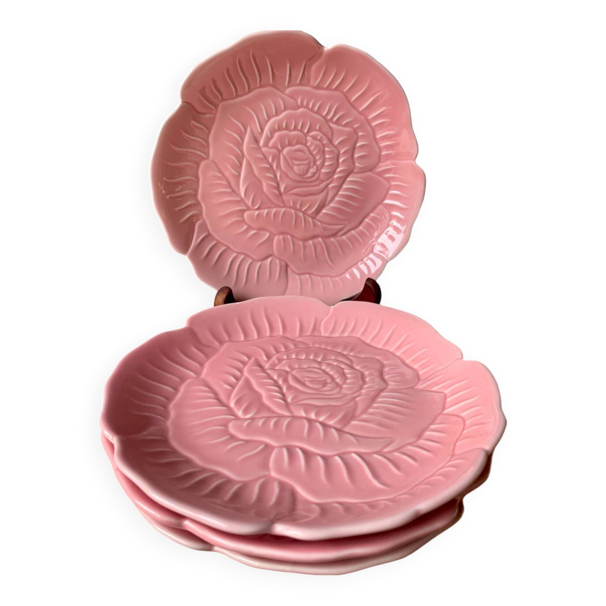 4 vintage rose shaped barbotine plates