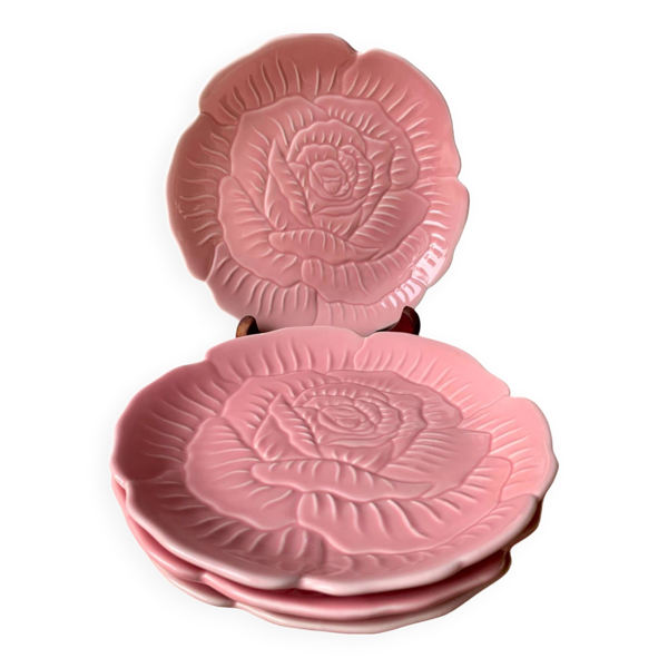 4 assiettes barbotine forme rose vintage