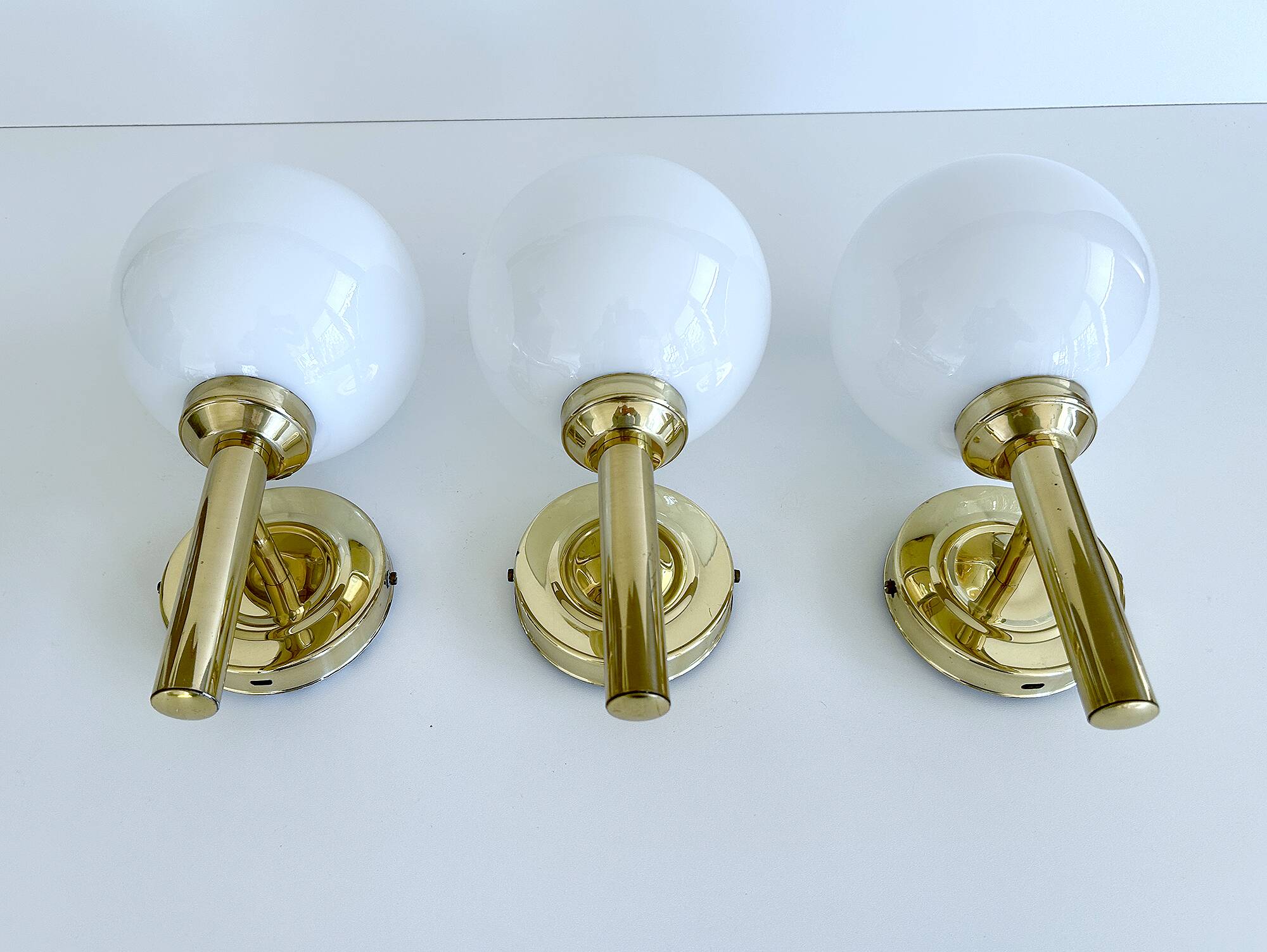 3 Vintage Scandinavian Glass and Brass Wall Lights