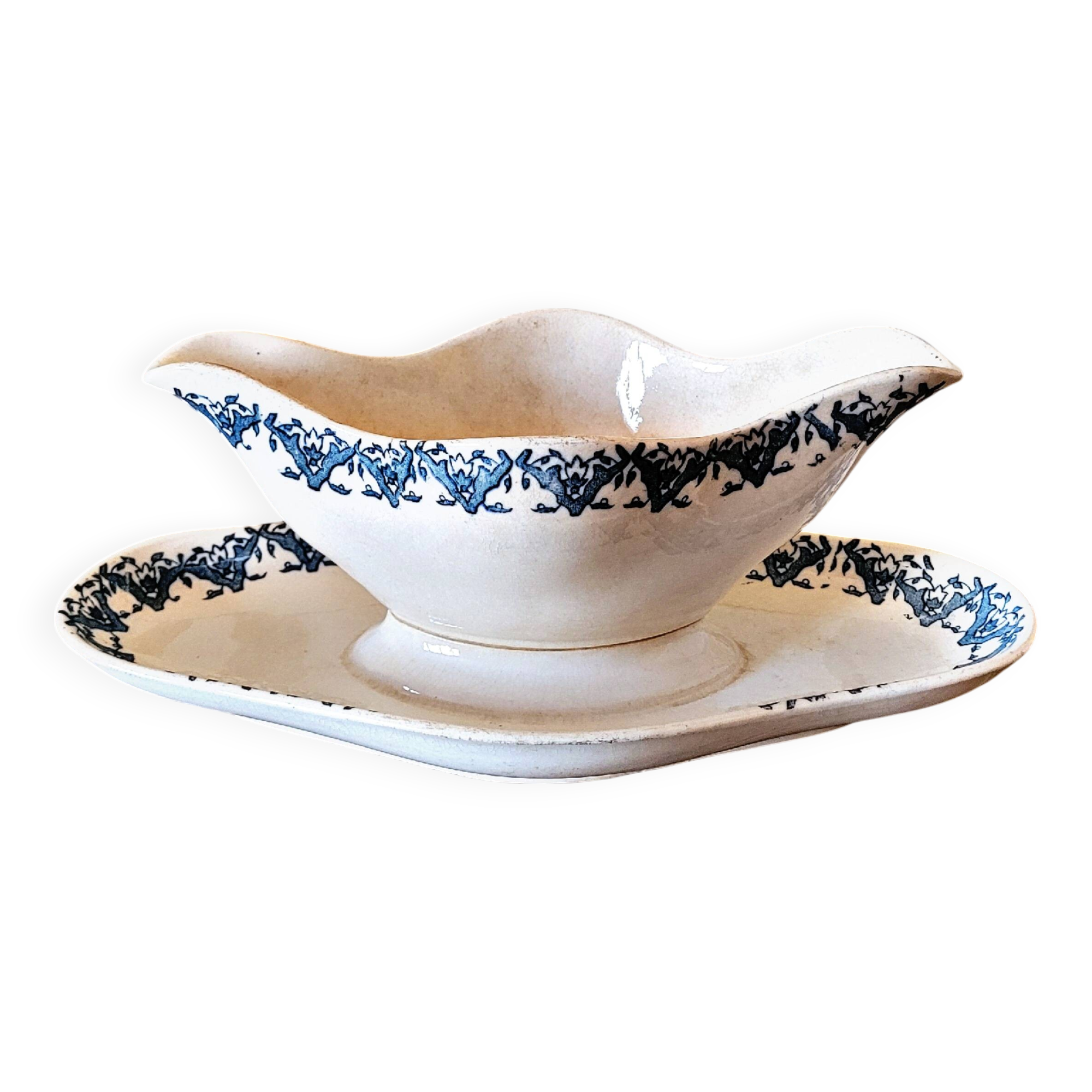 Longwy ironstone Rhodes sauceboat, late 19th century, blue decoration