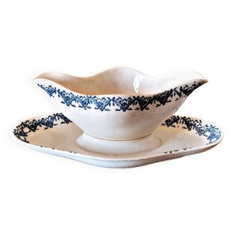 Saucière Longwy terre de fer Rhodes, fin 19 ème, décor bleu