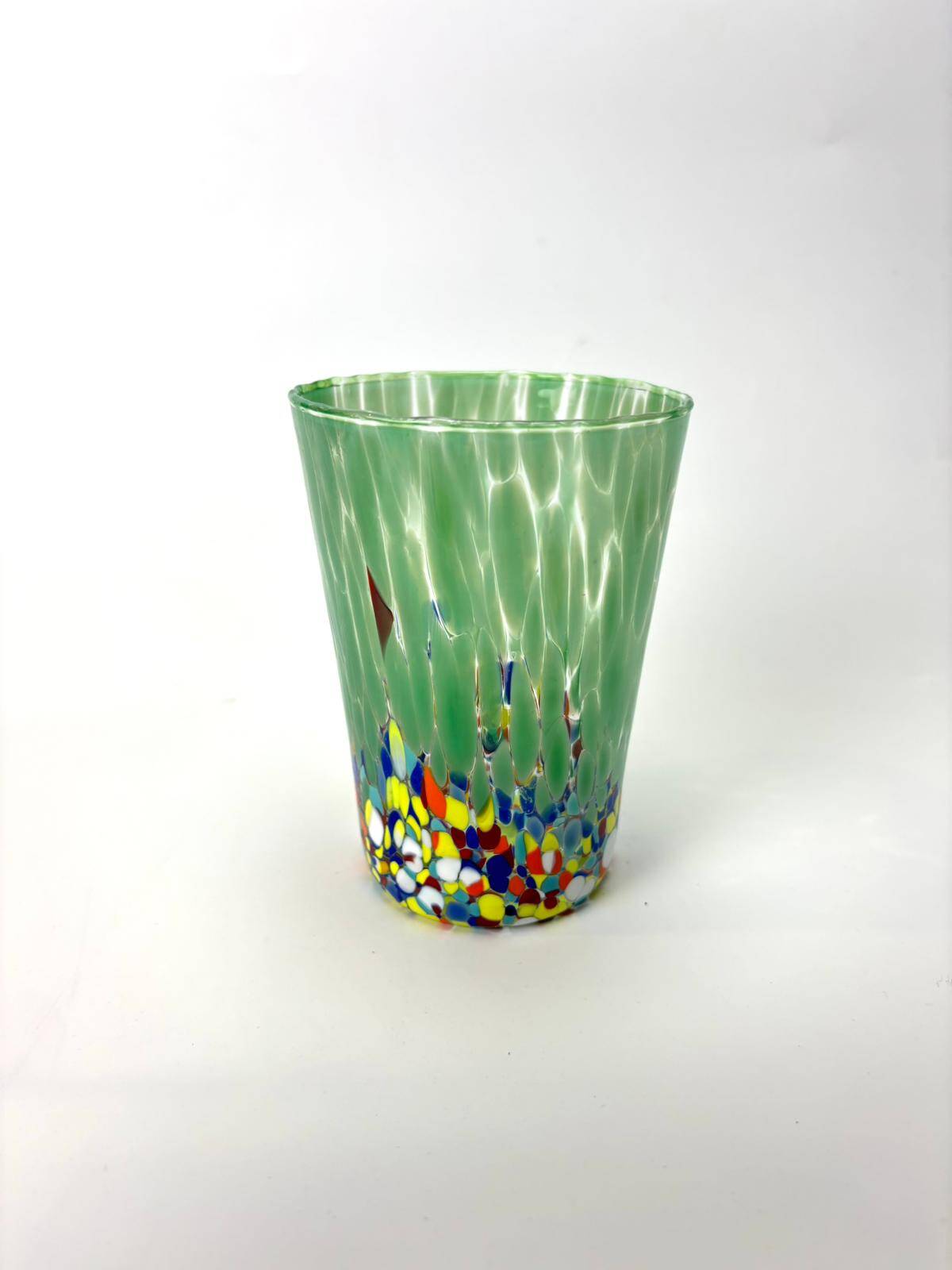 Set of 6 blown glass glasses with coloured Murano granules.