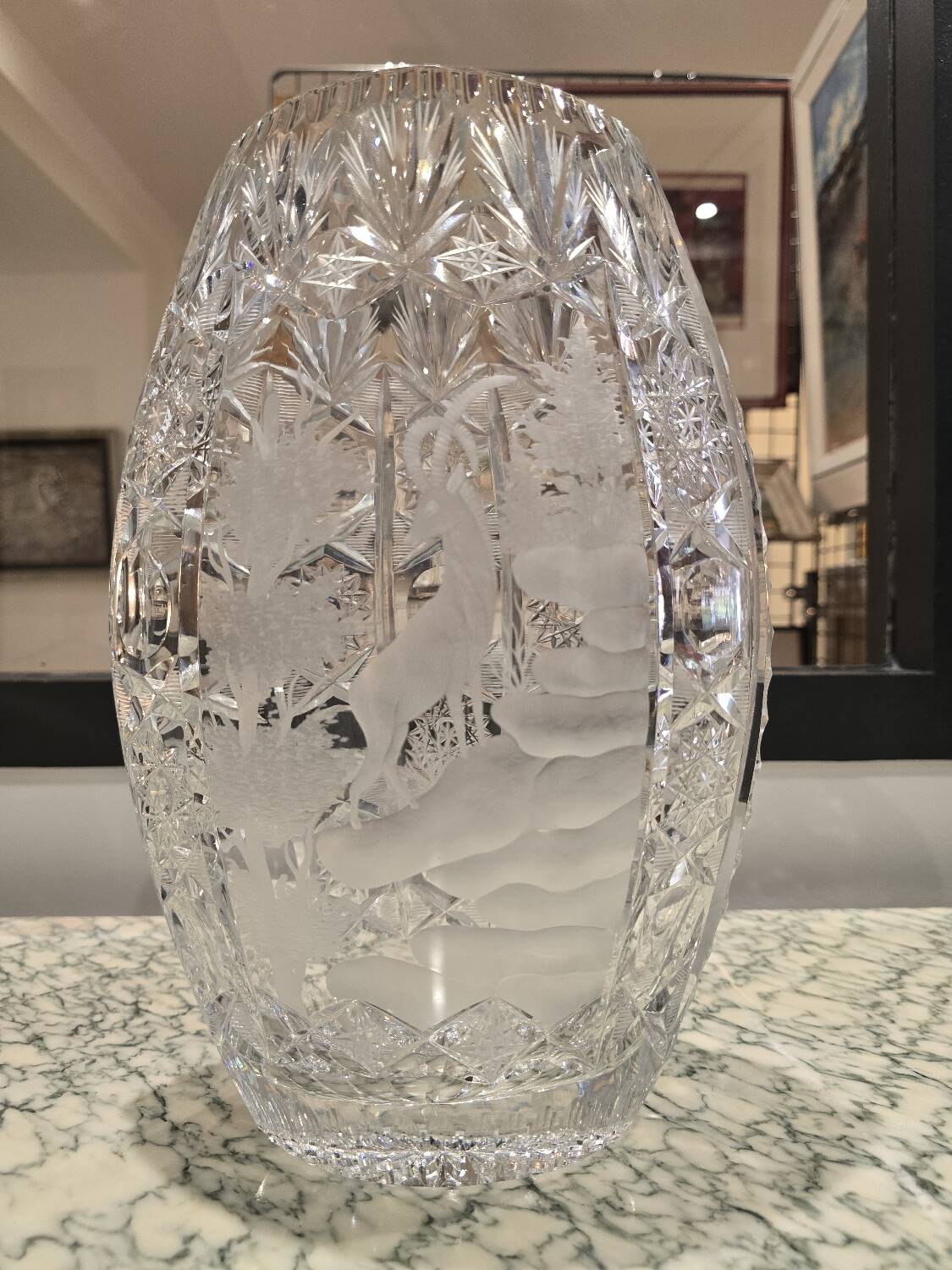 Cut crystal vase - ibex decoration, 20th century